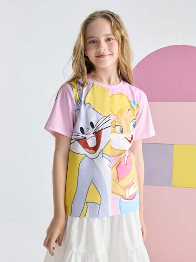 ملابس بناتي LOONEY TUNES X  تي شيرت كم قصير برقبة طاقم مطبوع برسوم أرنب للفتيات المراهقات