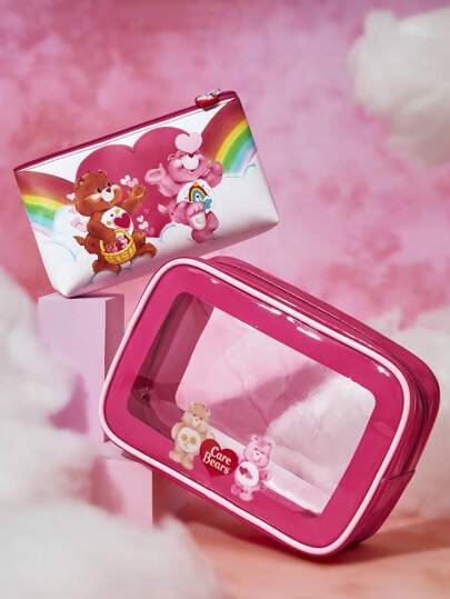 SHEIN X Care Bears مجموعة من قطعتين حقيبة تجميل مطبوعة بدب الحب والحب، متعددة الاستخدامات لتخزين العناصر الصغيرة، حقيبة تخزين السفر، وحقيبة تخزين الأجهزة الرقمية، يمكن استخدامها لحمل العناصر الصغيرة في الحياة اليومية، السفر، المكتب، المكياج أو...