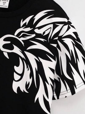 SHEIN قميص تي شيرت فضفاض بياقة دائرية مطبوع عليه أسد وحروف للأولاد المراهقين، موسم الربيع/الصيف