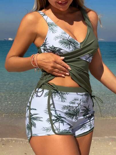 طقم تانكيني حريمي Swim Lushoire ملابس سباحة نسائية بيكينى من الكامي و قصيرة للإجازات الربيعية، بطبعة نبات استوائي كاجوال