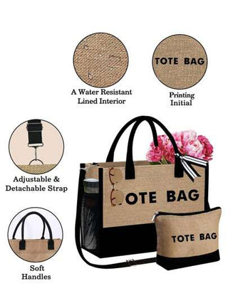 حقيبة الكتف المطبوعة بحرف 'Tote Bag 'لحمل الشاطئ للنساء، سعة كبيرة بنمط كلية، حقيبة قماشية محمولة لاكسسوارات الشاطئ، مناسبة للزفاف والعيد والعطلات والسفر وحقيبة عطلة نهاية الأسبوع والرحلات القصيرة