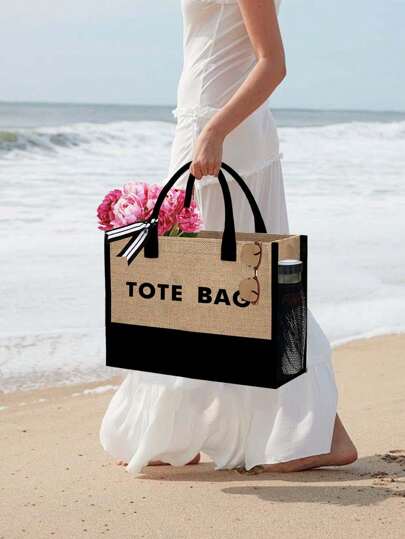حقيبة الكتف المطبوعة بحرف 'Tote Bag 'لحمل الشاطئ للنساء، سعة كبيرة بنمط كلية، حقيبة قماشية محمولة لاكسسوارات الشاطئ، مناسبة للزفاف والعيد والعطلات والسفر وحقيبة عطلة نهاية الأسبوع والرحلات القصيرة
