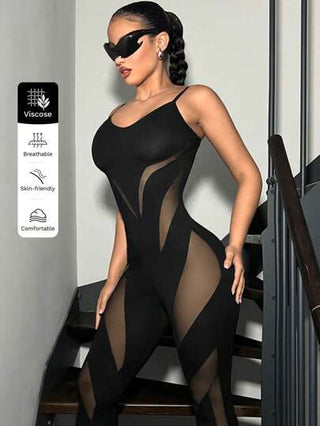 ICON بدلة نسائية بحاملات رفيعة وشبكة متباينة ذات تناسق جسمي بلون أسود لطراز Y2k