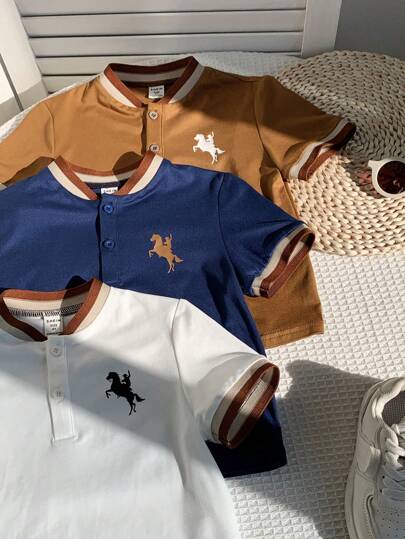 SHEIN 3 قطع قميص بولو للأولاد بنمط حواف اللون وخطوط الكتف ، مناسب للعطلات والخروجات والزي المدرسي