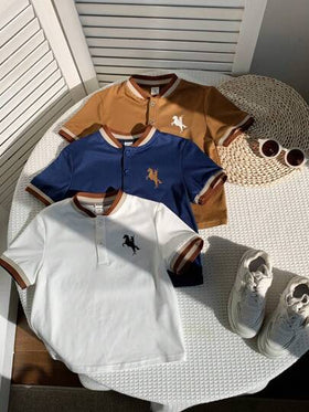 SHEIN 3 قطع قميص بولو للأولاد بنمط حواف اللون وخطوط الكتف ، مناسب للعطلات والخروجات والزي المدرسي
