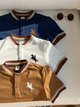 SHEIN 3 قطع قميص بولو للأولاد بنمط حواف اللون وخطوط الكتف ، مناسب للعطلات والخروجات والزي المدرسي