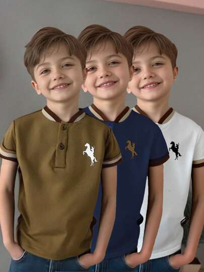 SHEIN 3 قطع قميص بولو للأولاد بنمط حواف اللون وخطوط الكتف ، مناسب للعطلات والخروجات والزي المدرسي