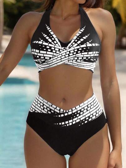Swim Lushoire مجموعة بيكيني شاطئ صيفي للسيدات مع طبعات هندسية وحمالات متقاطعة ورقبة على شكل حرف الحب