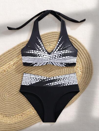 Swim Lushoire مجموعة بيكيني شاطئ صيفي للسيدات مع طبعات هندسية وحمالات متقاطعة ورقبة على شكل حرف الحب