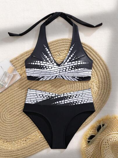 Swim Lushoire مجموعة بيكيني شاطئ صيفي للسيدات مع طبعات هندسية وحمالات متقاطعة ورقبة على شكل حرف الحب