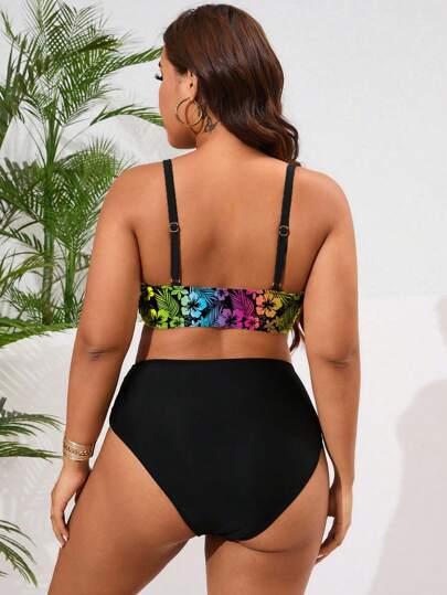 SHEIN Slayr CURVE مجموعة مقاسات كبيرة موديلين ذات لون سادة مع تصميم أربطة قابلة للتعديل مقترنة بملابس سباحة ذات خصر عالي، ملابس سباحة أنيقة للنساء في إجازة الشاطئ