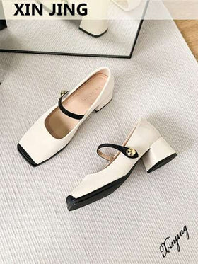 Xin Jing Shoes حذاء كعب كعب سميك بتصميم كتل اللون جديد للموضة خريف/شتاء، أنيقة، ماري جين