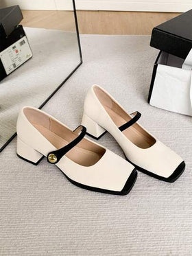 Xin Jing Shoes حذاء كعب كعب سميك بتصميم كتل اللون جديد للموضة خريف/شتاء، أنيقة، ماري جين