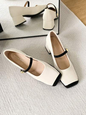 Xin Jing Shoes حذاء كعب كعب سميك بتصميم كتل اللون جديد للموضة خريف/شتاء، أنيقة، ماري جين