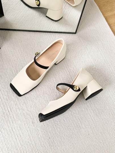 Xin Jing Shoes حذاء كعب كعب سميك بتصميم كتل اللون جديد للموضة خريف/شتاء، أنيقة، ماري جين