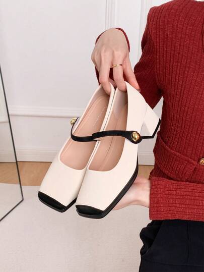 Xin Jing Shoes حذاء كعب كعب سميك بتصميم كتل اللون جديد للموضة خريف/شتاء، أنيقة، ماري جين
