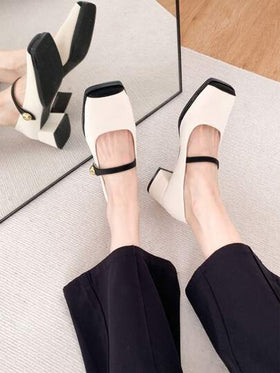Xin Jing Shoes حذاء كعب كعب سميك بتصميم كتل اللون جديد للموضة خريف/شتاء، أنيقة، ماري جين