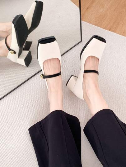Xin Jing Shoes حذاء كعب كعب سميك بتصميم كتل اللون جديد للموضة خريف/شتاء، أنيقة، ماري جين