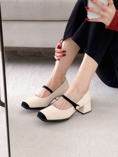 Xin Jing Shoes حذاء كعب كعب سميك بتصميم كتل اللون جديد للموضة خريف/شتاء، أنيقة، ماري جين