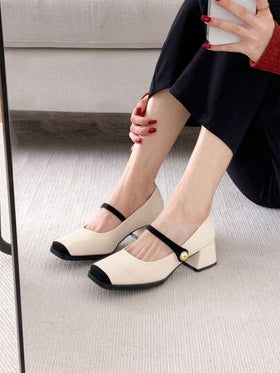 Xin Jing Shoes حذاء كعب كعب سميك بتصميم كتل اللون جديد للموضة خريف/شتاء، أنيقة، ماري جين