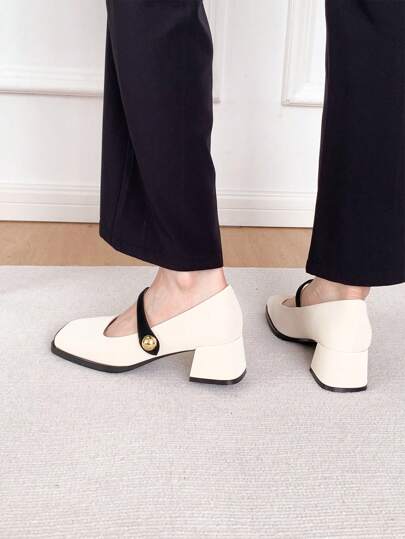 Xin Jing Shoes حذاء كعب كعب سميك بتصميم كتل اللون جديد للموضة خريف/شتاء، أنيقة، ماري جين