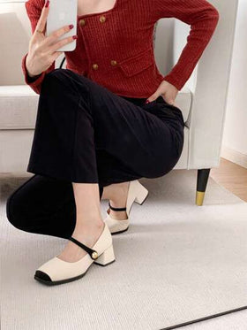 Xin Jing Shoes حذاء كعب كعب سميك بتصميم كتل اللون جديد للموضة خريف/شتاء، أنيقة، ماري جين