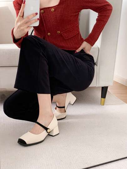 Xin Jing Shoes حذاء كعب كعب سميك بتصميم كتل اللون جديد للموضة خريف/شتاء، أنيقة، ماري جين