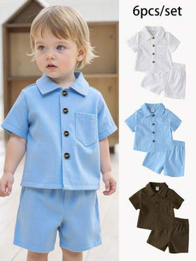 SHEIN Vintaside Kids مجموعة بها 6 قطع من قميص عادي مريح مصنوع من قماش وشورت للأطفال الرضع الصبية ،متعدد الألوان مناسب للصيف