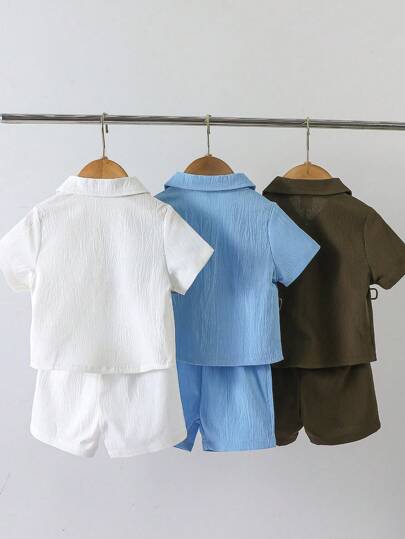 SHEIN Vintaside Kids مجموعة بها 6 قطع من قميص عادي مريح مصنوع من قماش وشورت للأطفال الرضع الصبية ،متعدد الألوان مناسب للصيف