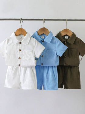 SHEIN Vintaside Kids مجموعة بها 6 قطع من قميص عادي مريح مصنوع من قماش وشورت للأطفال الرضع الصبية ،متعدد الألوان مناسب للصيف