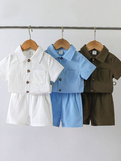 SHEIN Vintaside Kids مجموعة بها 6 قطع من قميص عادي مريح مصنوع من قماش وشورت للأطفال الرضع الصبية ،متعدد الألوان مناسب للصيف