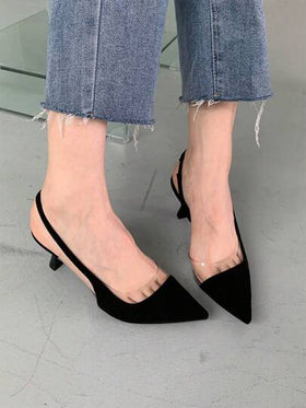 Xin Jing Shoes أحذية كعب منخفض مدبب من الجلد المخمل، أنيقة، كعب قطة، للحفلات، كعب إبرة، كعب إبرة