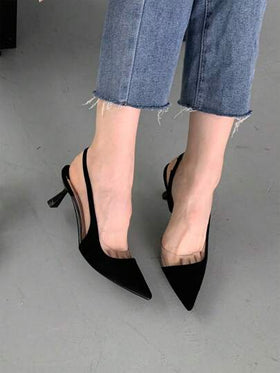 Xin Jing Shoes أحذية كعب منخفض مدبب من الجلد المخمل، أنيقة، كعب قطة، للحفلات، كعب إبرة، كعب إبرة