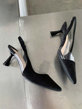 Xin Jing Shoes أحذية كعب منخفض مدبب من الجلد المخمل، أنيقة، كعب قطة، للحفلات، كعب إبرة، كعب إبرة