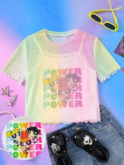 ملابس بناتي THE POWERPUFF GIRLS X  تي شيرت تي بتصميم حرف وكرتون مبهم مزدوج الاستخدام للفتيات المراهقات