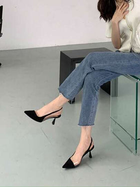 Xin Jing Shoes أحذية كعب منخفض مدبب من الجلد المخمل، أنيقة، كعب قطة، للحفلات، كعب إبرة، كعب إبرة