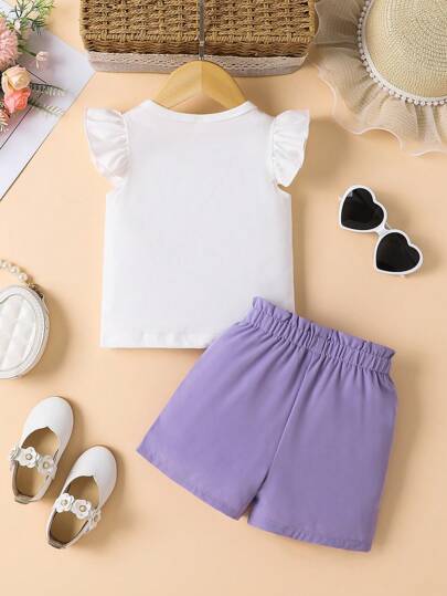 طقم بنطلون قصير مزين بالفيونكة وتي شيرت بأكمام قصيرة مع طبعات حيوانات جميلة ومنتفخة للبنات الصغيرات, إطلالة صيفية