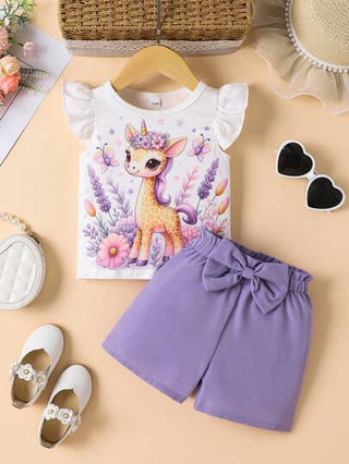طقم بنطلون قصير مزين بالفيونكة وتي شيرت بأكمام قصيرة مع طبعات حيوانات جميلة ومنتفخة للبنات الصغيرات, إطلالة صيفية