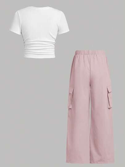 EZwear مجموعة تي شيرت كم قصير مطابق ضيق وبنطلون كارجو قطعتان