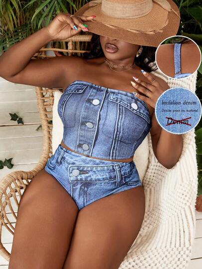 SHEIN Slayr CURVE ملابس سباحة للمرأة ذات الحجم الكبير من قطعتين ذات طبعة تأثير جينز، ملابس علوية مع أشرطة قابلة للفصل بأزرار، تصميم ظهر مفتوح مع أسفل ذو تصميم مثلث لحفلة حمام السباحة