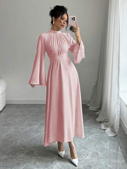 فساتين حريمي Rafferiza فستان طويل نسائي بتصميم بسيط ذو ياقة عالية والأكمام طويلة باللون الواحد، للارتداء اليومي الكاجوال الطويل للنساء