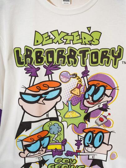 Dexter's Laboratory X SHEIN تي شيرت صيفي كاجوال بأكمام قصيرة مع رسوم كرتونية مناسب للفتيان المراهقين