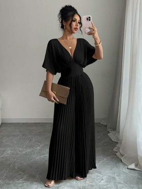 Elenzga جمبسوت نسائية أنيقة بلون قاتم، بياقة على شكل V عميق، أكمام على شكل الخفاش، وتصميم منسدل للخصر
