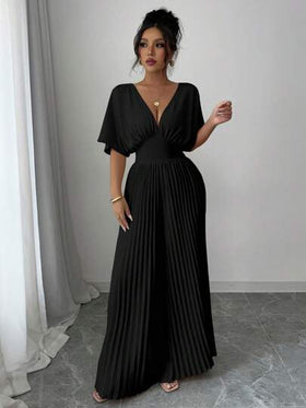 Elenzga جمبسوت نسائية أنيقة بلون قاتم، بياقة على شكل V عميق، أكمام على شكل الخفاش، وتصميم منسدل للخصر