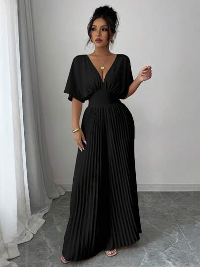 Elenzga جمبسوت نسائية أنيقة بلون قاتم، بياقة على شكل V عميق، أكمام على شكل الخفاش، وتصميم منسدل للخصر