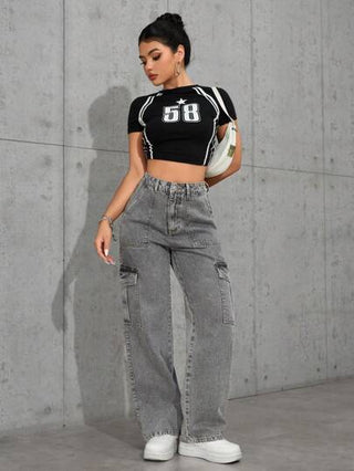 EZwear بناطيل جينز بتصميم فضفاض وفخذين واسعين للنساء، مع جيوب جانبية