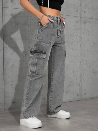 EZwear بناطيل جينز بتصميم فضفاض وفخذين واسعين للنساء، مع جيوب جانبية