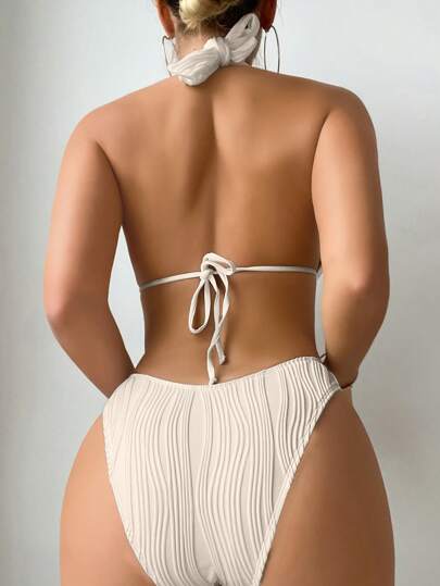 Swim بكيني حريمي مكون من قطعتين للشاطئ والصيف بألوان سادة، بتصميم رفع الرقبة، حزام ربط للإثارة والجاذبية
