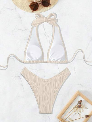Swim بكيني حريمي مكون من قطعتين للشاطئ والصيف بألوان سادة، بتصميم رفع الرقبة، حزام ربط للإثارة والجاذبية