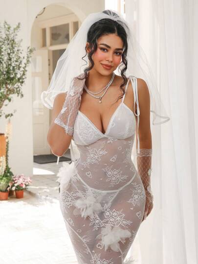 لانجيري حريمي فستان ماكسي ذو أربطة كفير رومانسية بتطريز زهور 3D، ثوب زفاف مثير، وفستان نوم نسائي مثير